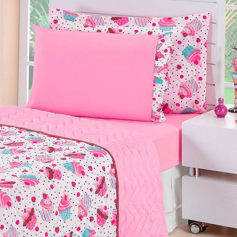 Kit Colcha Solteiro Kids Dupla Face Cupcake 4 Peças Rosa - 2