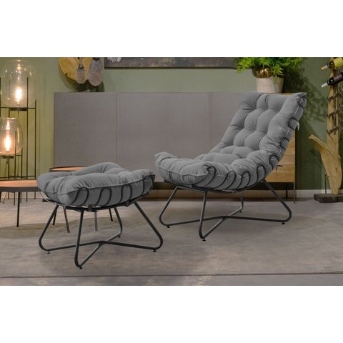 Poltrona Costela Luxo com Puff Eva Metal Preto Veludo Cinza