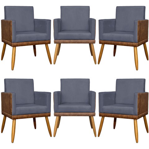 Kit 6 Poltronas Decorativas para Escritório Lis Corino e Suede Cores Pé 30cm