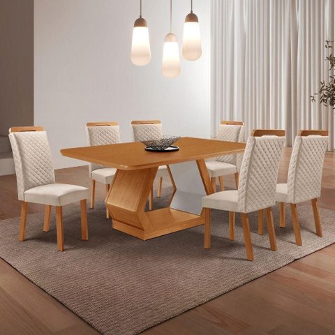 Conjunto de Jantar Alvorada 6 Lugares Tampo MDF Cadeiras Lorena Veludo Creme 180cm Moderna