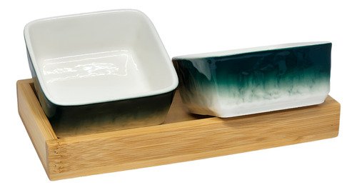 Conjunto 2 Petisqueira Molheira Estilo Nordico Ceramica com Base Bambu - Branco Verde - 1