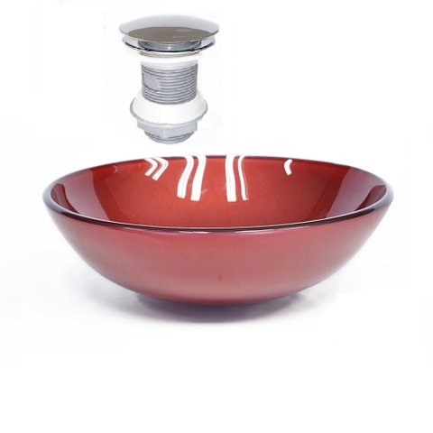 CUBA DE VIDRO REDONDA 42CM VERMELHO CEREJA + VÁLVULA CLICK