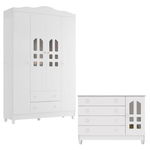 Cômoda Selena e Guarda Roupa Infantil New Selena 4 Portas Branco Brilho – Carolina Móveis