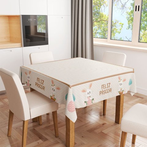 Toalha de Mesa Quadrada 4 Lugares Coelhos Alegria de Páscoa