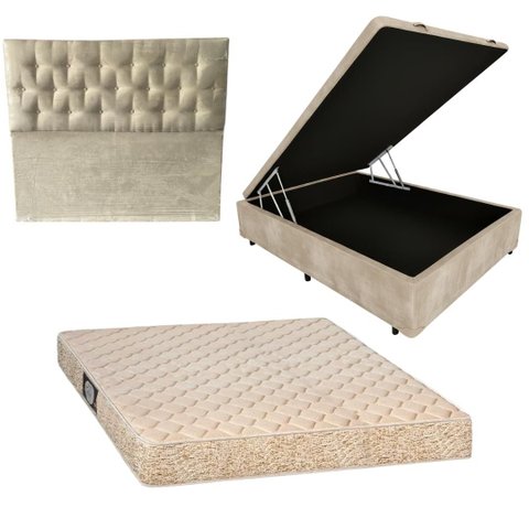 Cama Box Baú Blindada com Colchão de Espuma Toulon D33 + Cabeceira Botonê - Suede Bege Duna - Casal