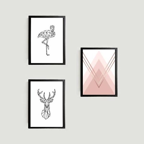 Kit 3 Quadros Flamingo e Alce Geométrico 24x18cm - com vidro:Madeira preta