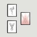 Ver imagem 1 de Kit 3 Quadros Flamingo e Alce Geométrico 24x18cm - com vidro:Madeira preta