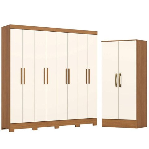 Guarda Roupa Casal 8 Portas 4 Gavetas Prime B51 com Armário Multiuso Prime Cinamomo Off White- Henn 