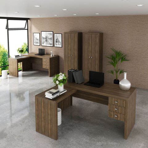 Conjunto de Escritório com Escrivaninha 04 pç CJ43018-005 Tecno Móbili - Tecno Móbili Nogal