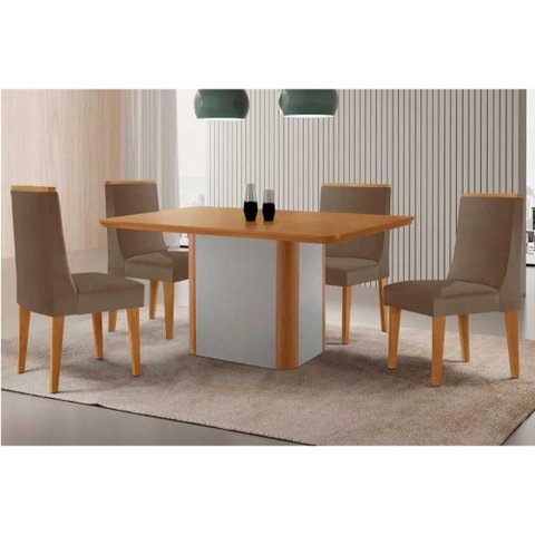 Sala de Jantar Completa Pietá C/ Tampo Madeirado Canto Curvo 120x80cm e 4 Cadeiras Dakota Naturale/