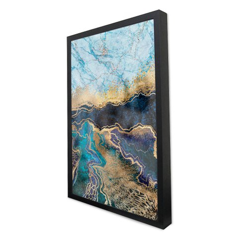 Quadro Decorativo Caixa Alta com Vidro Abstrato Mármore Azul Profundo TaColado Moldura Preta 90 x 60