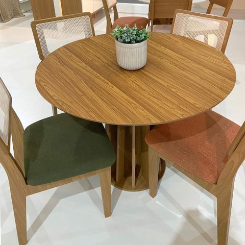 Conjunto de Jantar Mesa Redonda Mdf e 4 Cadeiras Tela Palha Cor:freijó com Verde e Terracota