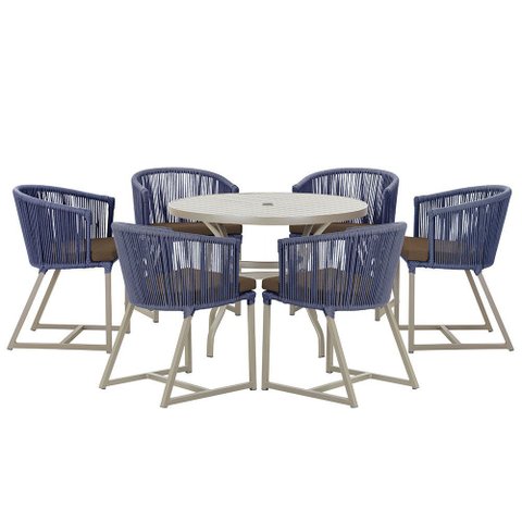 Mesa com 6 Cadeiras de Jantar Roma 120cm e Noronha em Alumínio Fendi Corda Náutica Estofado 9 Trama