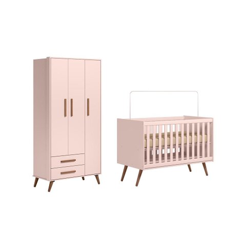 Quarto Infantil Encanto Retrô com Berço e Guarda Roupa 3 Portas Rosa - Fdecor