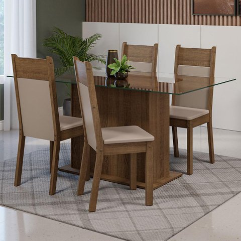 Conjunto Sala de Jantar Mesa Tampo de Vidro 4 Cadeiras Rustic/crema/sintético Bege Savana Madesa