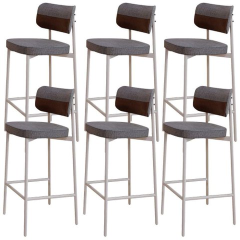 Kit 06 Banquetas Alta Bar Cozinha Sala de Jantar Aço Branco Kaira C01 Linho Cinza Courino Whisky -