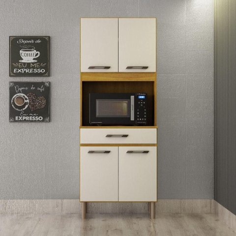 Armário de Cozinha Multiuso 4 Portas com Espaço Micro-Ondas Cinamomo/Off White Acetinado