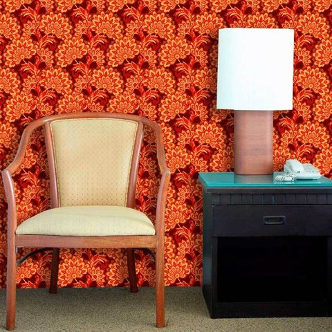 Papel de Parede Lavável Clássico Arabesco Mosaico Laranja