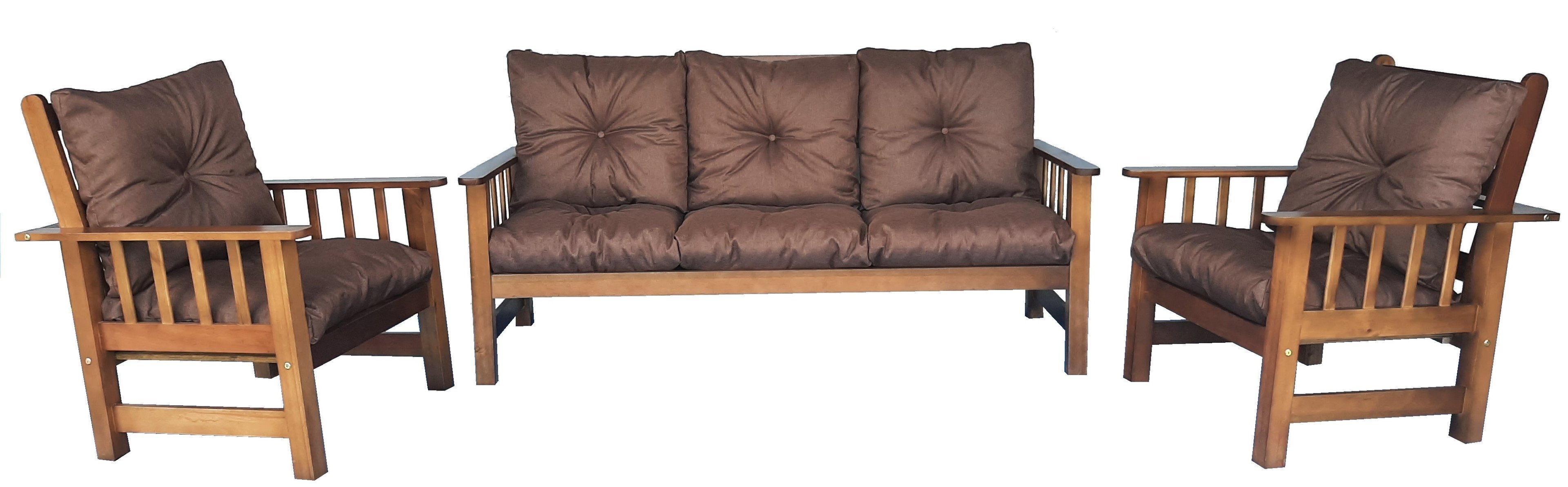 conjunto cancún sofá 3 lugares e poltronas de madeira estofado marrom