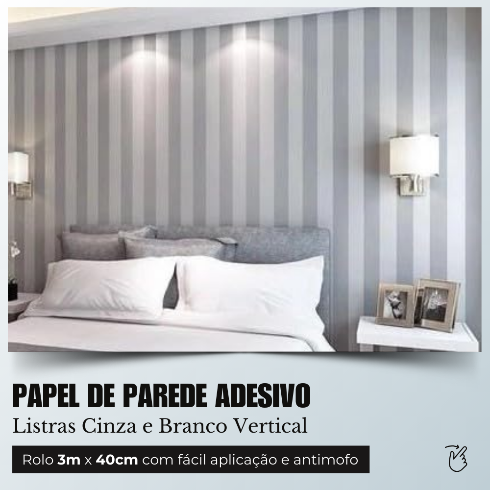 Papel de Parede Adesivo Listras Cinza e Branco Vertical 3m - 2