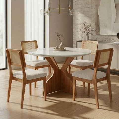 Conjunto Mesa de Jantar 1,35m com Vidro 4 Lugares Tampo MDF Amadeirado Freijó Cesare Escuro Dalla