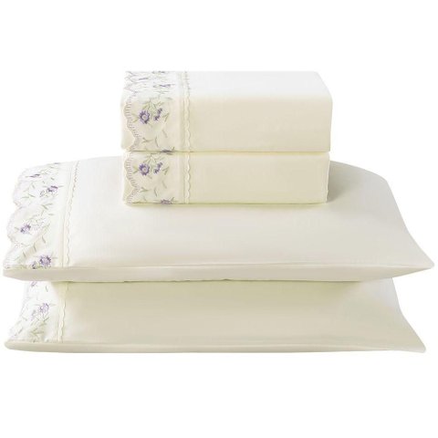 Jogo de Cama Lençol Queen Bordado Acalanto 4 Peças - Palha C - 100% Poliéster