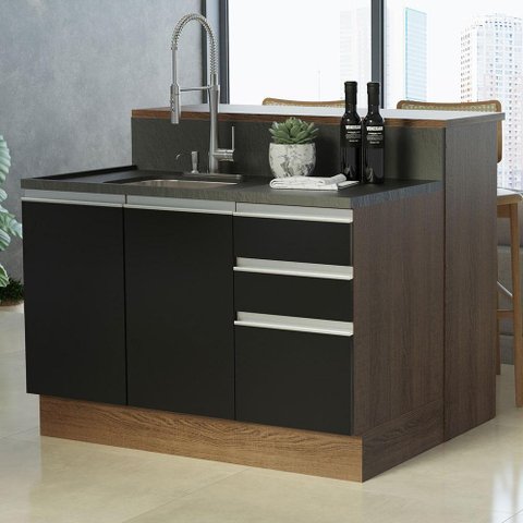 Ilha de Cozinha com Bancada e Balcão 120 Cm Rustic/preto Glamy Madesa Rustic/preto
