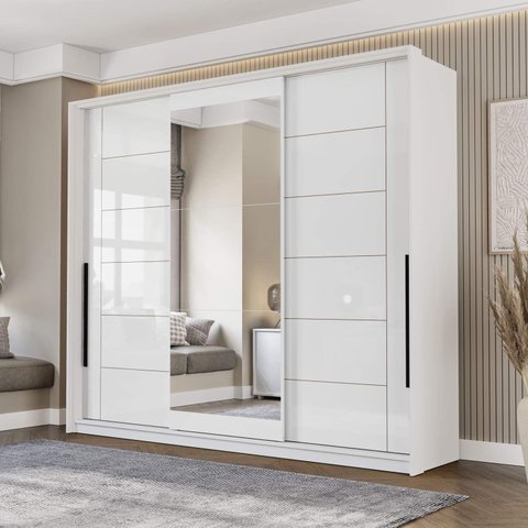 Guarda Roupa Casal 220cm 3 Portas de Correr com Espelho 240856 Lisboa Politorno Móveis