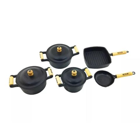 Jogo 03 caçarolas e 02 frigideiras ferro fundido