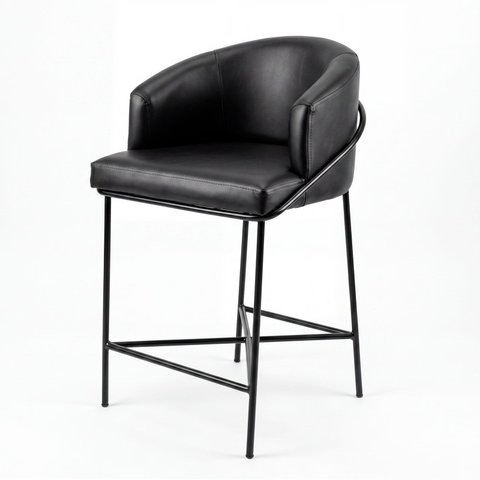 Banqueta Liam Média Estofada Base Preta em Courano Preto 65cm Cozinha Bancada