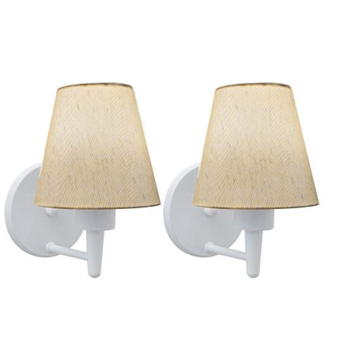 Kit-2 Arandela Cone Md-2004 Base Branco Cúpula em Tecido 14-14x07cm Linho Bege - Bivolt