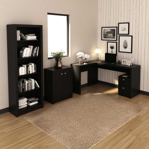 Kit para Escritório com Mesa em L Balcão Estante 2 Portas 2 Gavetas MDP Preto Tecno Mobili