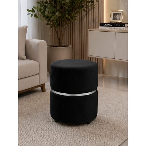 Puff com Cinta no Meio Prata Preto Veludo - Let Móveis