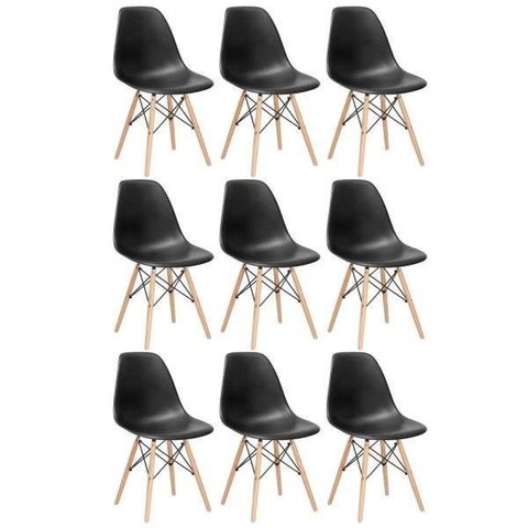 Kit 9 Cadeiras Charles Eames Eiffel Dsw - Base de Madeira Clara - Preto Multicolorido