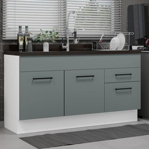 Balcão Gabinete de Pia Cozinha 150 cm 2 Portas e 2 Gavetas (Sem Tampo e Pia) Branco/Cinza Agata Madesa