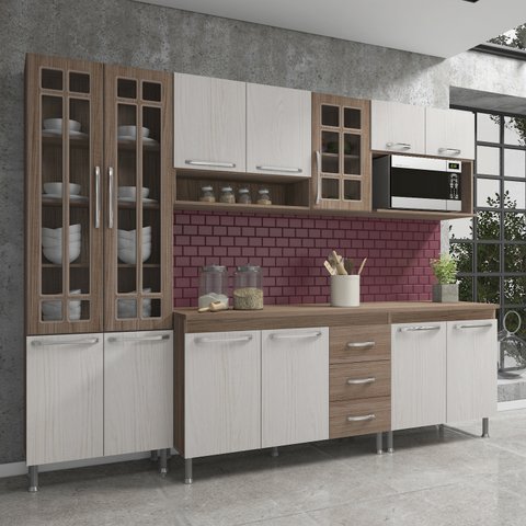 COZINHA COMPLETA PREDILLETA GABRIELI MODULADA 5 PEÇAS 260 CM 13 PORTAS 3 GAVETAS COM TAMPO NOGAL SAL
