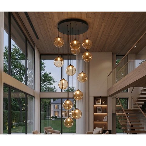 Pendente Moderno Glass 60cm 12 Vidros Âmbar 20cm C Lâmp. LED
