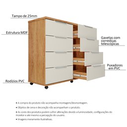 Cômoda para Quarto 8 Gavetas com Rodízios Athenas Cedro Areia - Saga Decor - 3