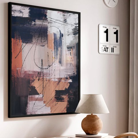 Quadro Decorativo Abstrato Pincelada Rustic em Moldura Caixa Tacolado Moldura Trad 1cm Preta com Vid