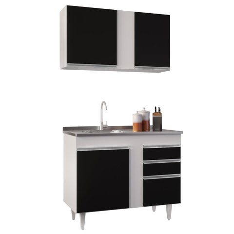Armário Aéreo Indiana e Balcão Gabinete 100cm com Pia Inox Luziania Branco/Preto - Lumil Lumil Móvei