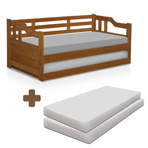 Estofado Cama Solteiro com Auxiliar Madeira Maciça e Colchões Castanho Atraente