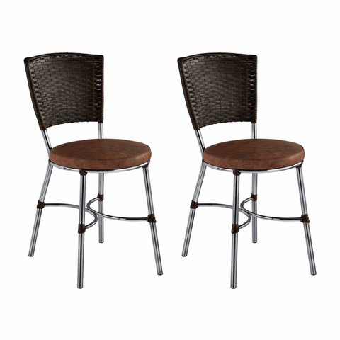 Conjunto 2 Cadeiras de Jantar Junco Sintético Café Assento Estofado e Base Marrom