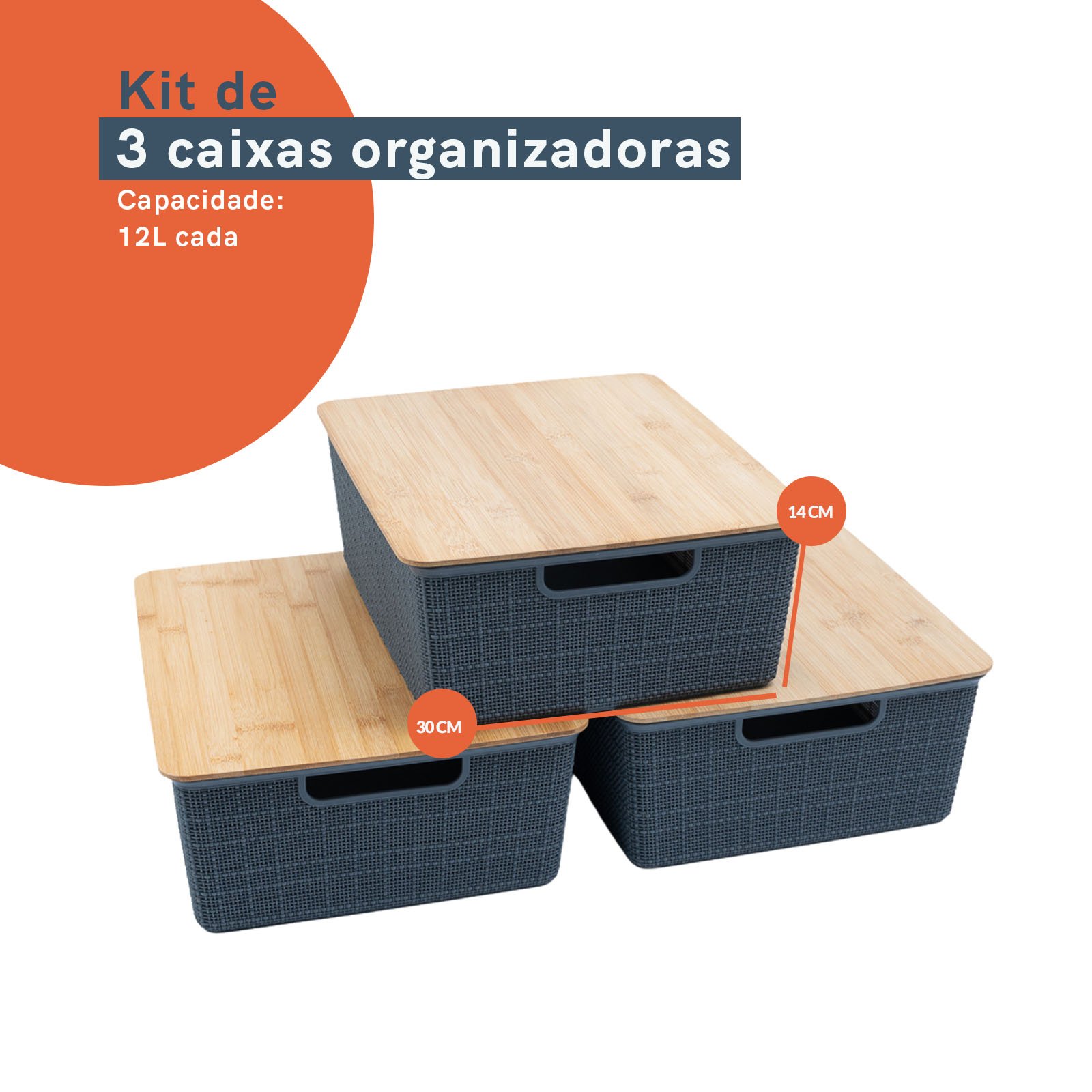 Kit 3 caixas organizadoras tampa de bambu 12l cinza - Oikos - 2