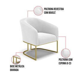 Poltrona Stella Bouclê Off White Base Metálica Industrial Dourado - D'Rossi - 6