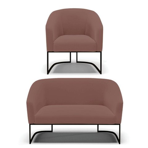 Sofá Namoradeira e Poltrona Base Industrial Preto Stella Veludo D03 - D'Rossi Cor Rose