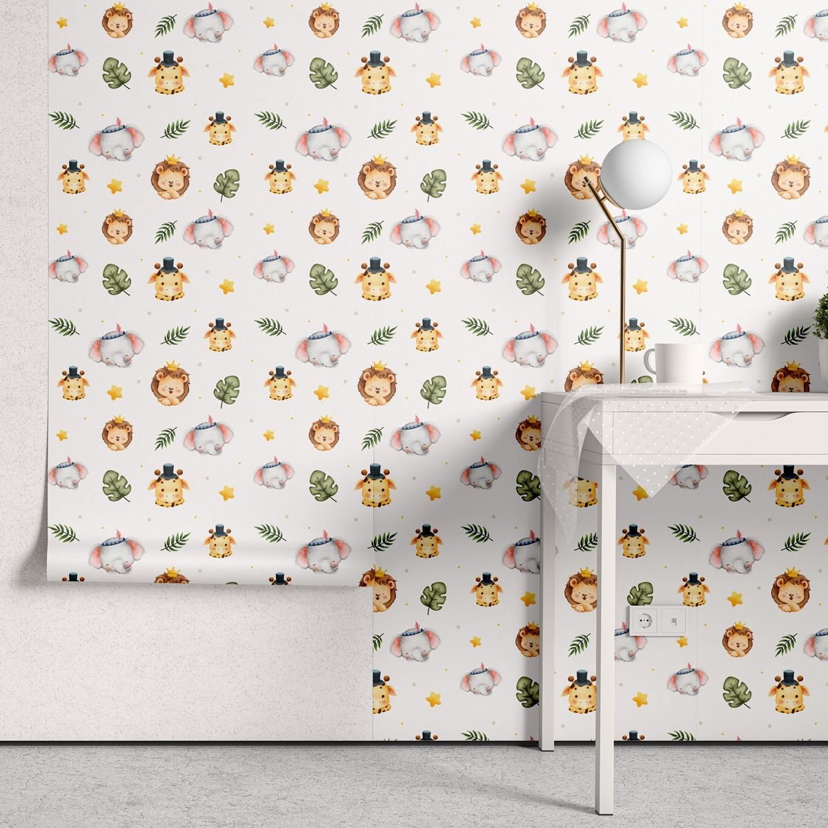 Papel de Parede Adesivo Menino Safari Animais e Folhas - 2