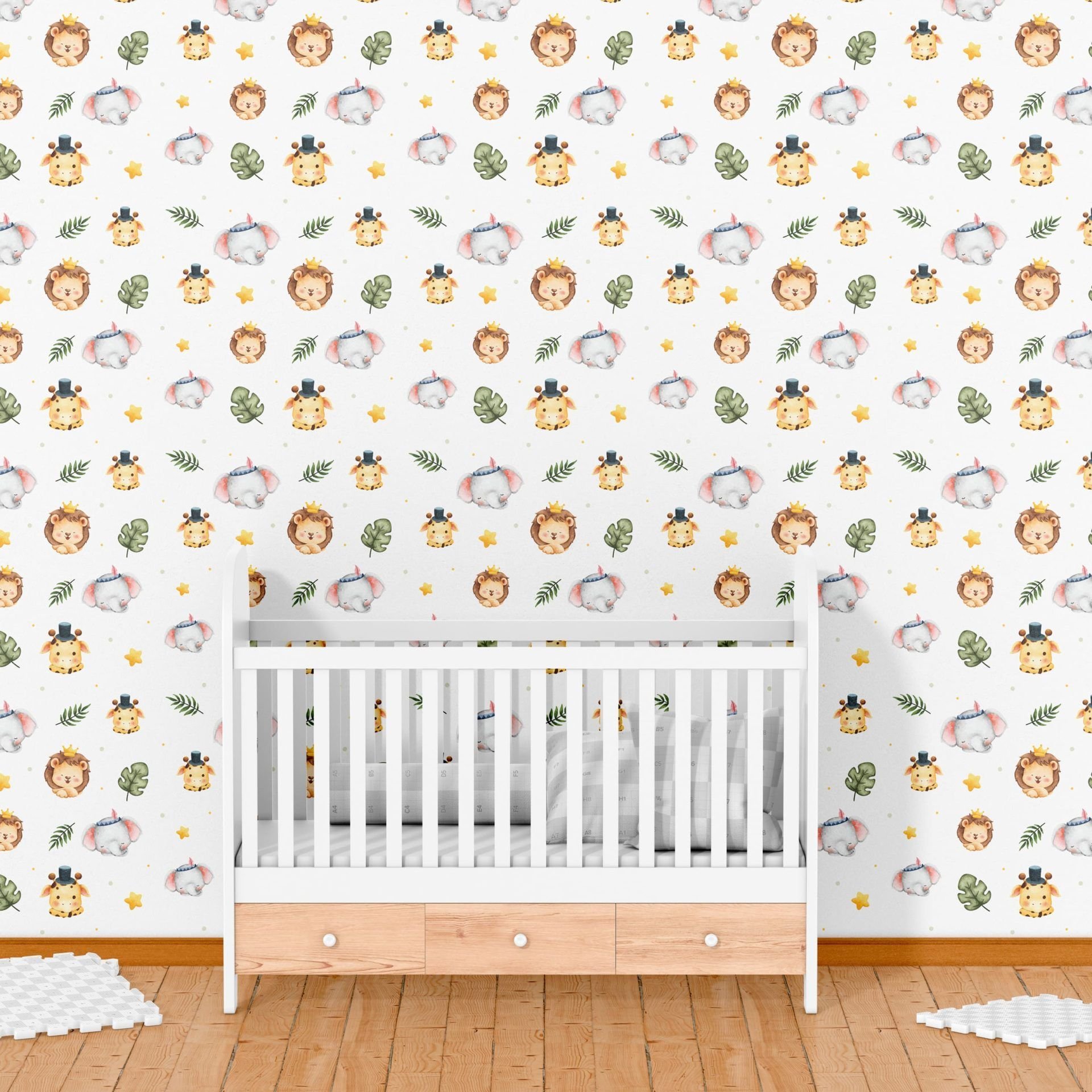 Papel de Parede Adesivo Menino Safari Animais e Folhas - 1