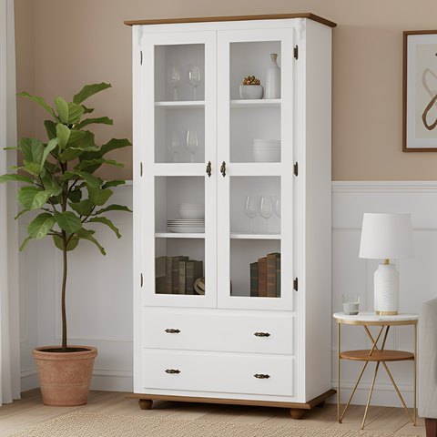 Cristaleira Rústica de Madeira 2 Portas e 2 Gavetas com Pés Torneados - Branco Laca com Tampo e Base