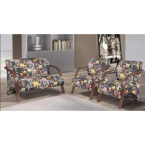 Conjunto Sevilha 1 Namoradeira e 2 Poltronas 1 Lugar Estampada - Bella Decor - Retrô
