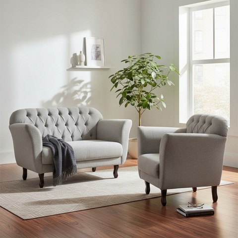 Kit Namoradeira + 1 Poltrona Decorativa Dália Linho Cinza Pés Madeira